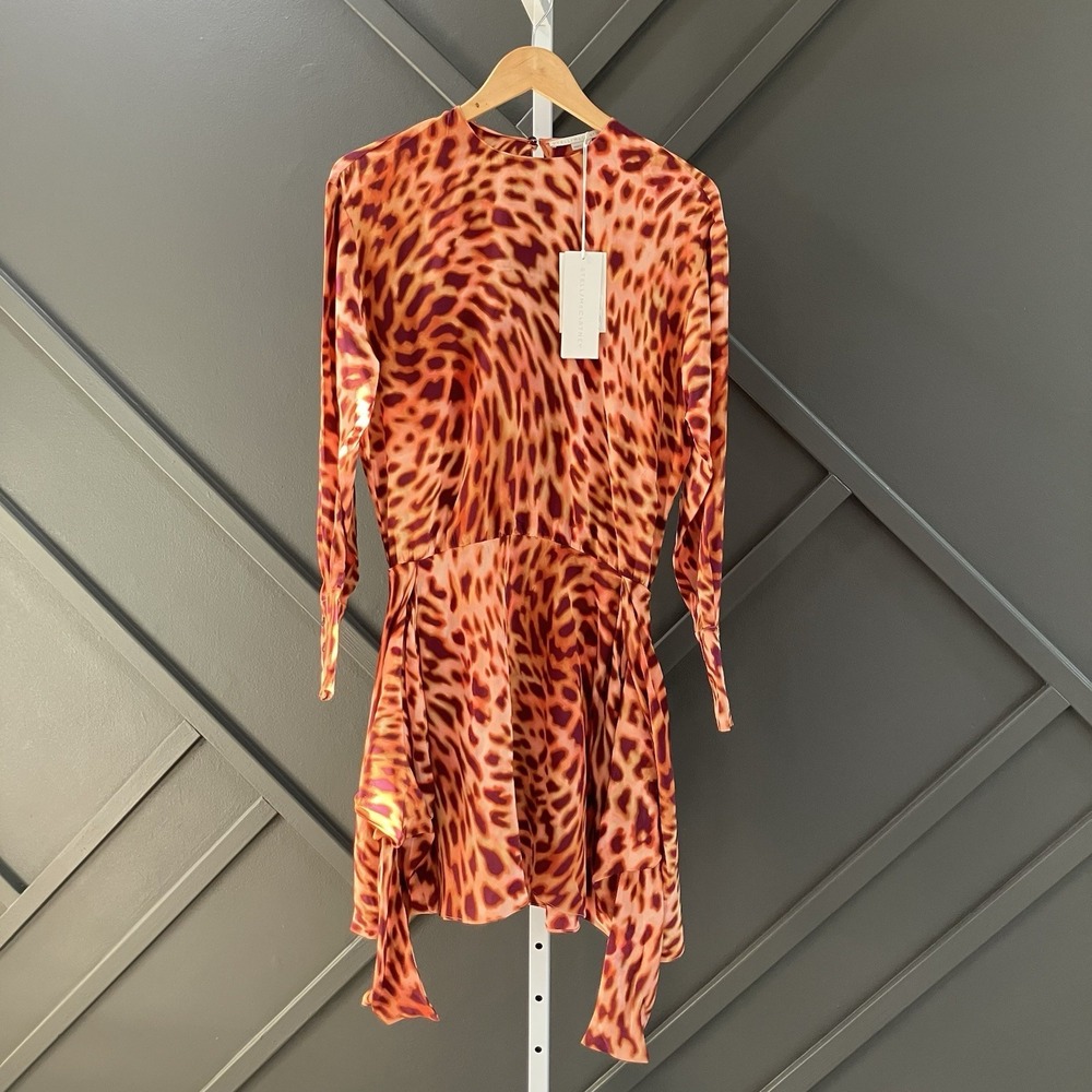 NWT Stella McCartney Leopard Print Silk Mini Dress Orange Long Sleeve Size 4